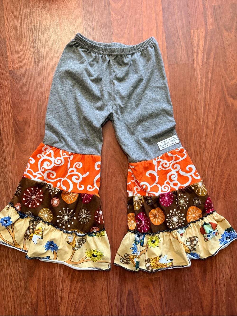 Kids Ruffled Bell-Bottom Pants in Gray and Orange